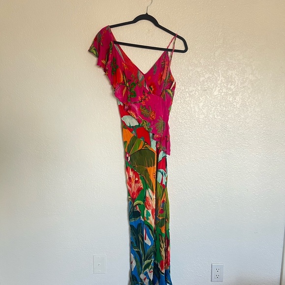 Farm Rio Mixed Flowery Ruffle One Shoulder Midi Dress Tropical Floral Pink - Picture 3 of 8